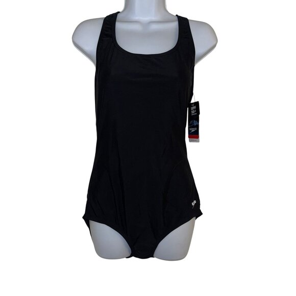 NWT Speedo PowerFlex Ultraback One Piece Swimsuit Womens 12 Black White Solid - Picture 1 of 7